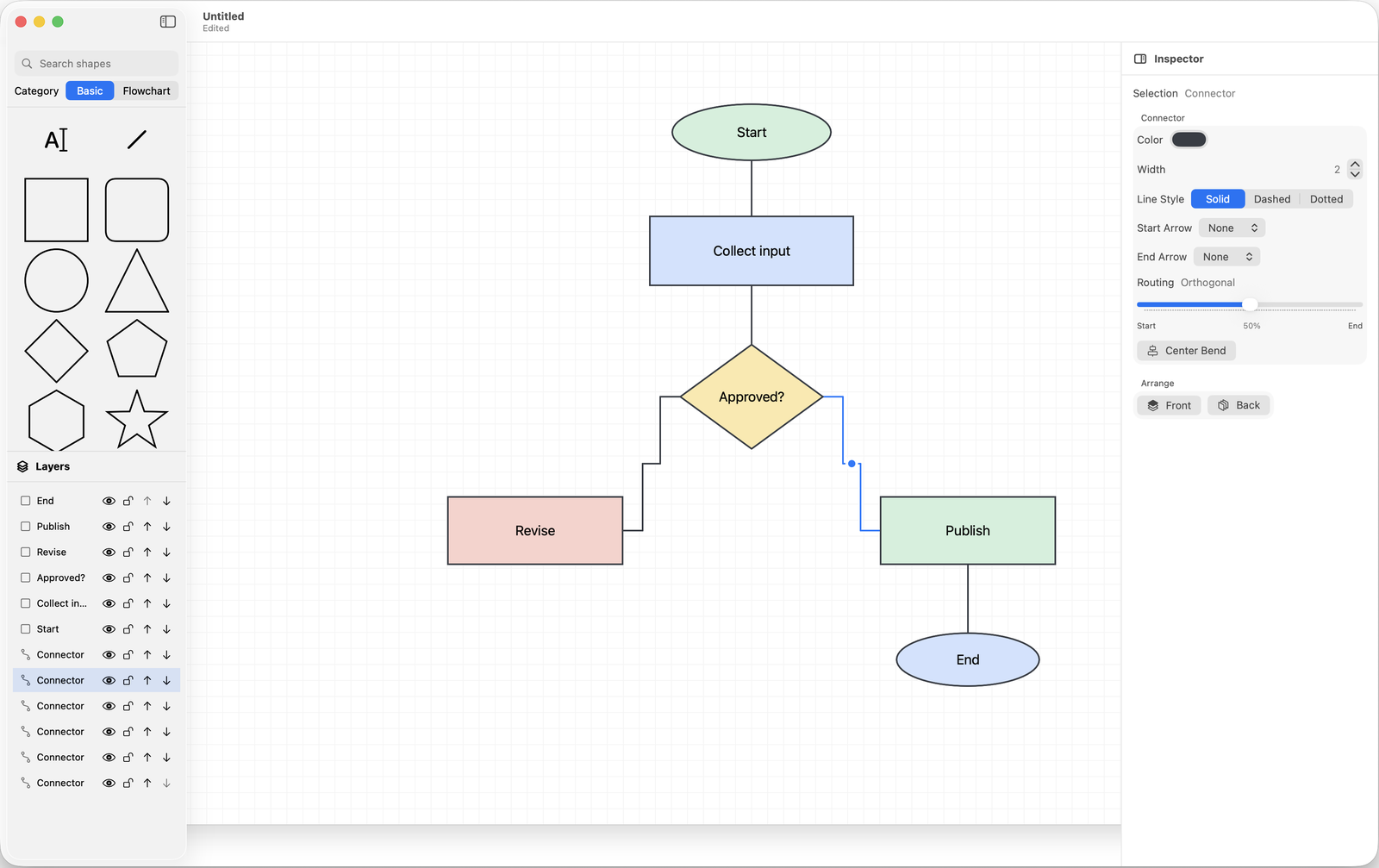 @Design Studio with connector settings: routes, colours, line styles and arrowheads