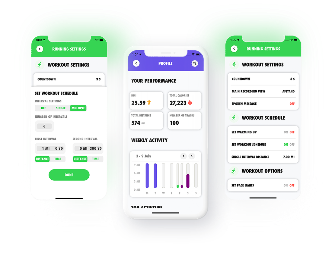@Tracker app-schermen met profiel en workoutinstellingen